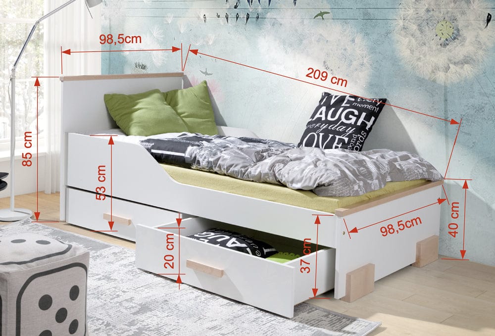 Pat din lemn de pin si pal, cu 2 sertare pentru copii, Caren Alb / Natural, 200 x 90 cm (1)