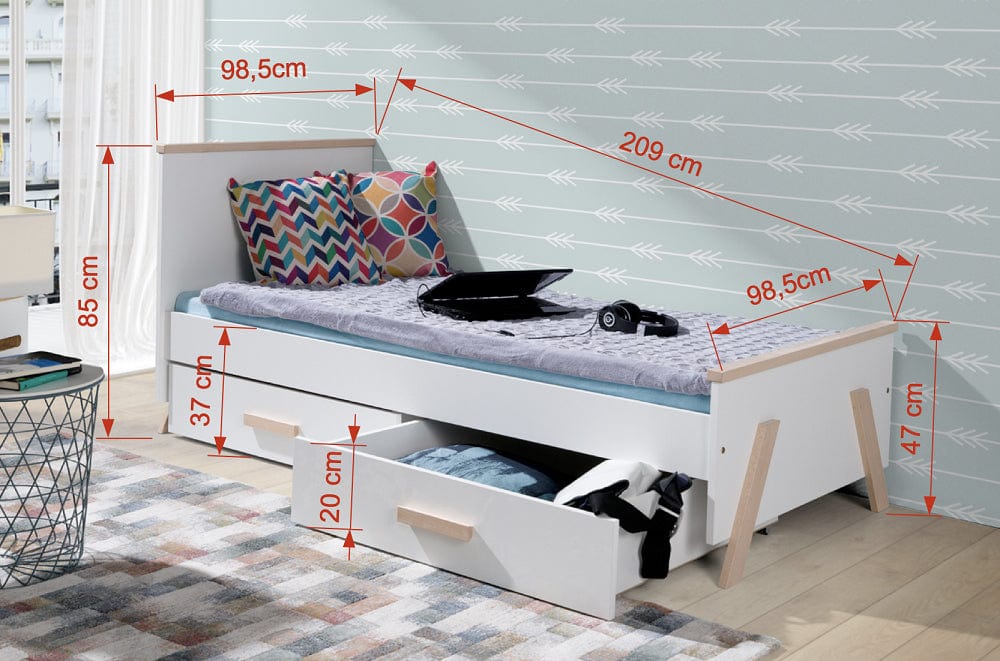 Pat din lemn de pin si pal, cu 2 sertare pentru copii, Kora Alb / Natural, 200 x 90 cm (1)