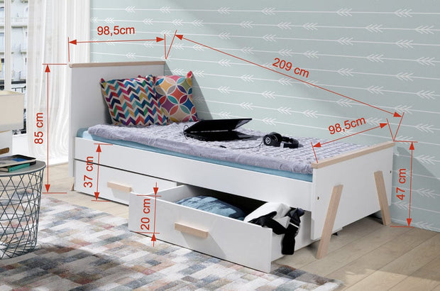 Pat din lemn de pin si pal, cu 2 sertare pentru copii, Kora Alb / Natural, 200 x 90 cm (1)