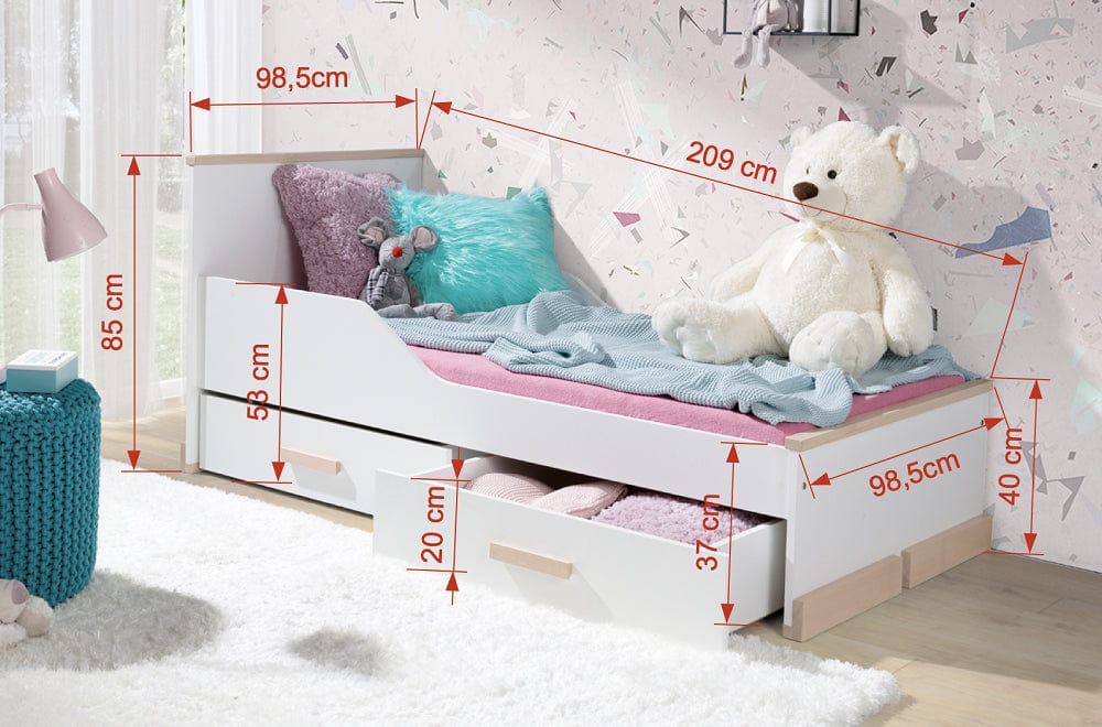 Pat din lemn de pin si pal, cu 2 sertare pentru copii, Rosa Alb / Natural, 200 x 90 cm (1)