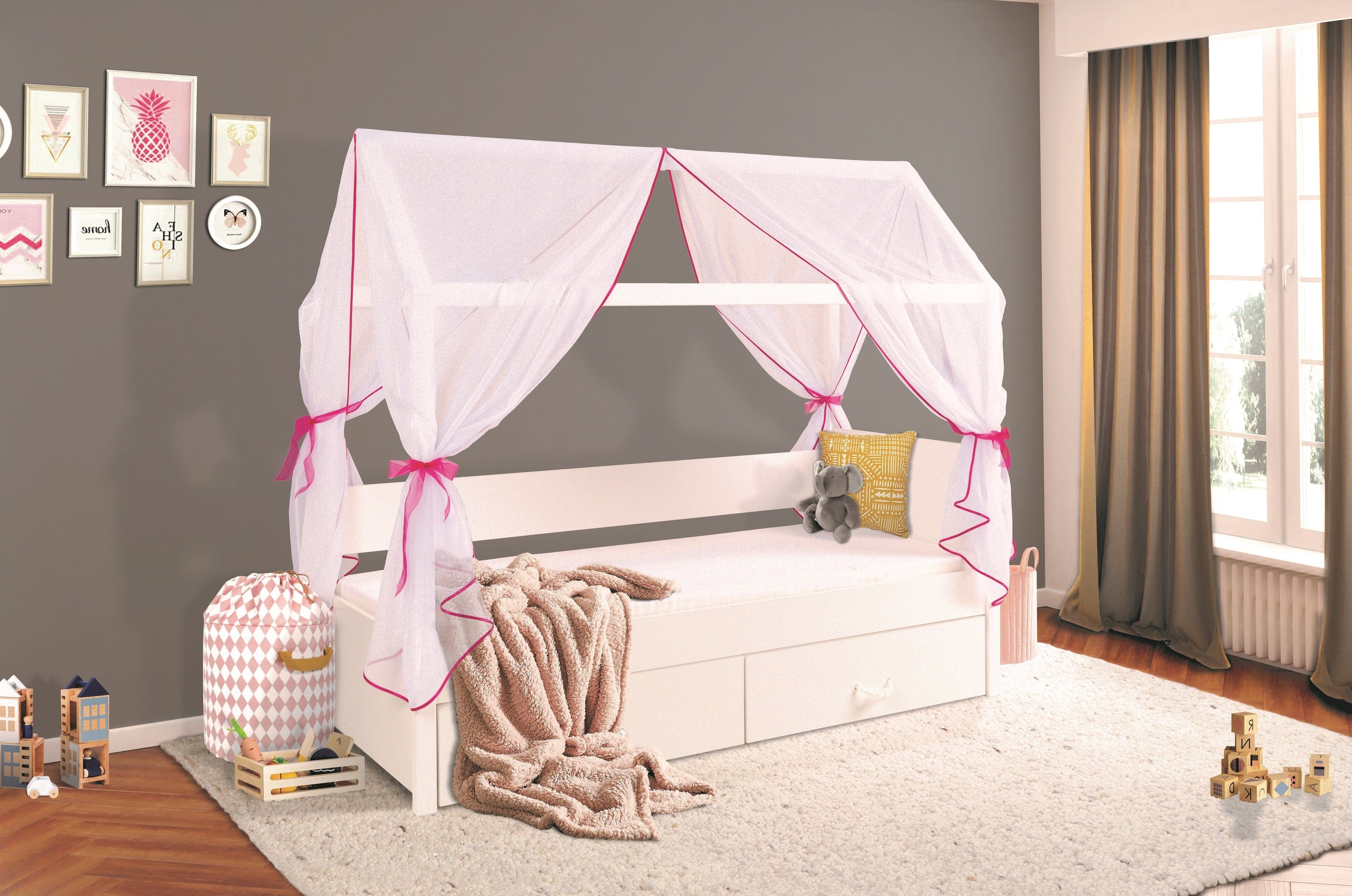 Pat din lemn de pin si pal cu 2 sertare si baldachin, pentru copii tip casuta Ofelia Alb / Roz, 200 x 90 cm (1)
