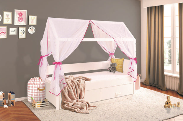 Pat din lemn de pin si pal cu 2 sertare si baldachin, pentru copii tip casuta Ofelia Alb / Roz, 200 x 90 cm (1)