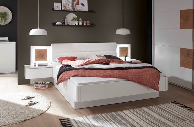 Pol-Power Pat din pal, capatai tapitat cu piele ecologica si 2 noptiere cu LED Cappy Alb / Natural, 200 x 180 cm