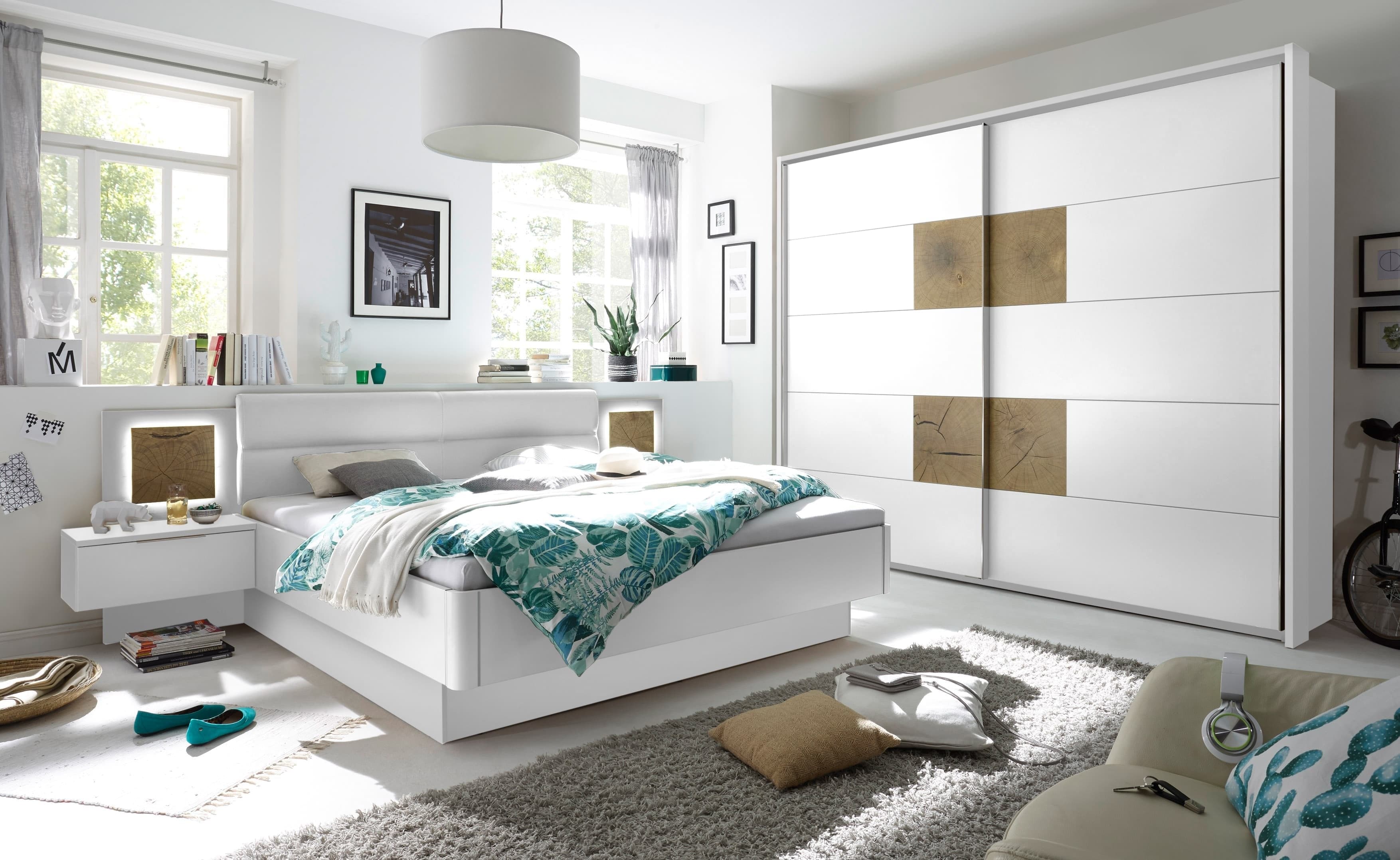 Pol-Power Pat din pal, capatai tapitat cu piele ecologica si 2 noptiere cu LED Cappy Alb / Natural, 200 x 180 cm