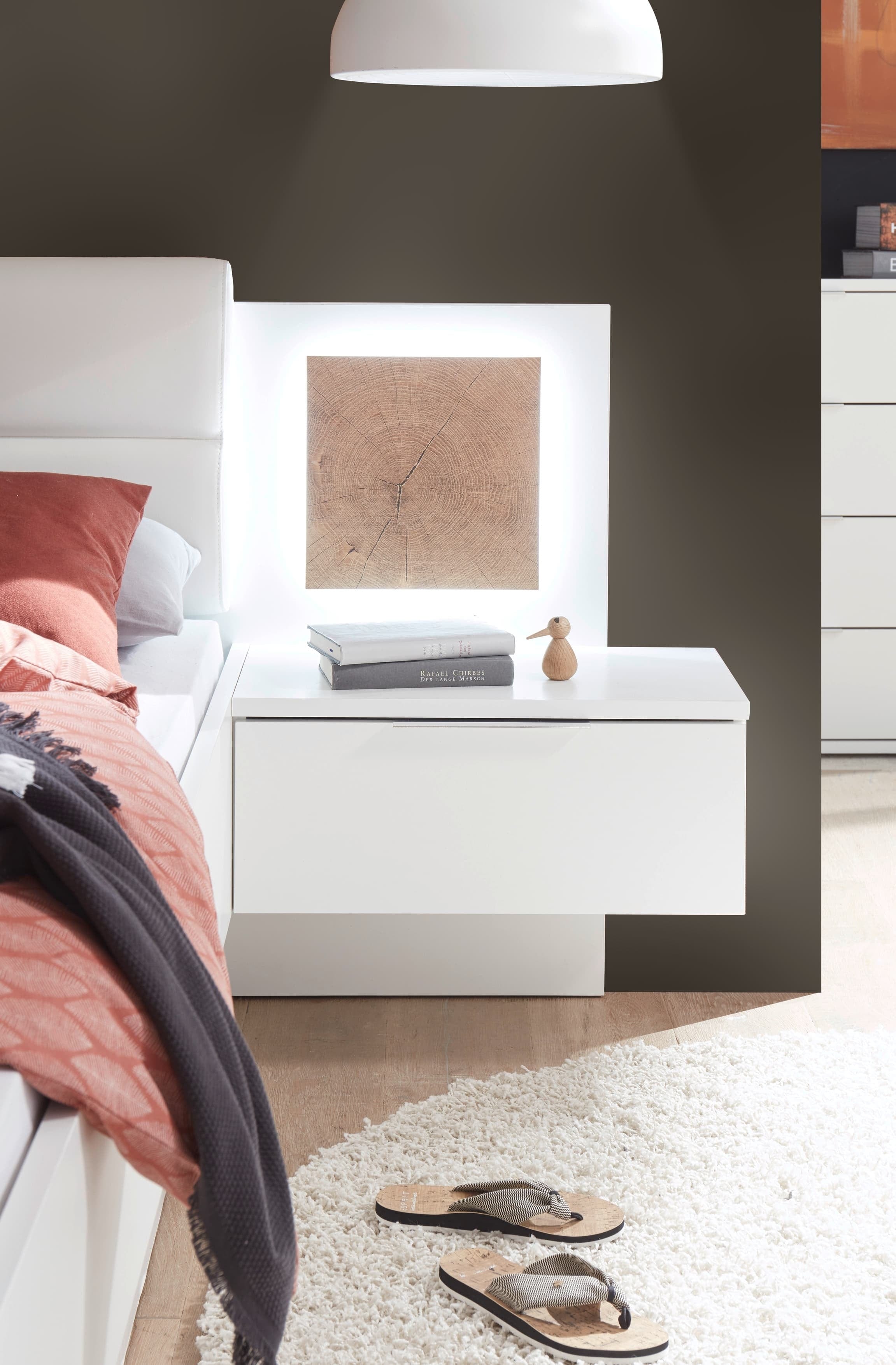 Pol-Power Pat din pal, capatai tapitat cu piele ecologica si 2 noptiere cu LED Cappy Alb / Natural, 200 x 180 cm