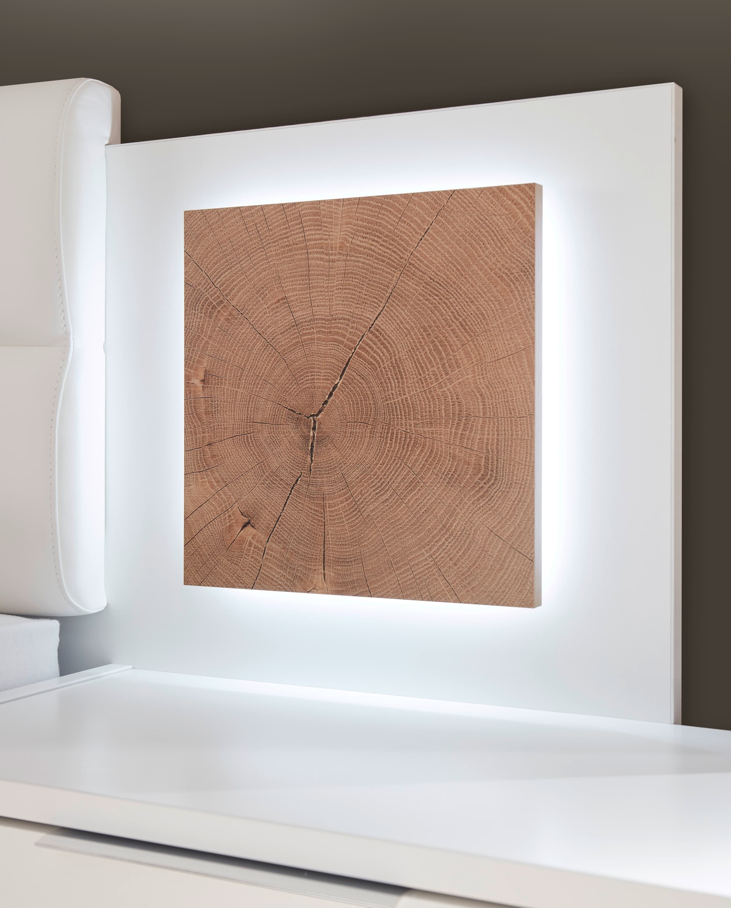 Pol-Power Pat din pal, capatai tapitat cu piele ecologica si 2 noptiere cu LED Cappy Alb / Natural, 200 x 180 cm