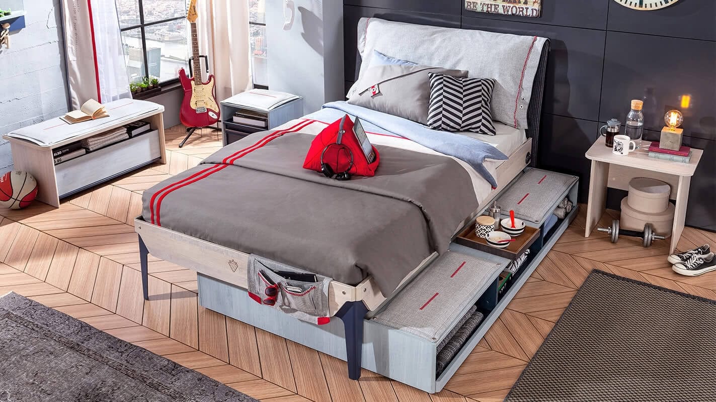 Pat din pal cu sertar si capatai tapitat pentru tineret,  baieti 12-24 ani, Trio Natur / Dark Blue I, 200 x 120 cm (1)