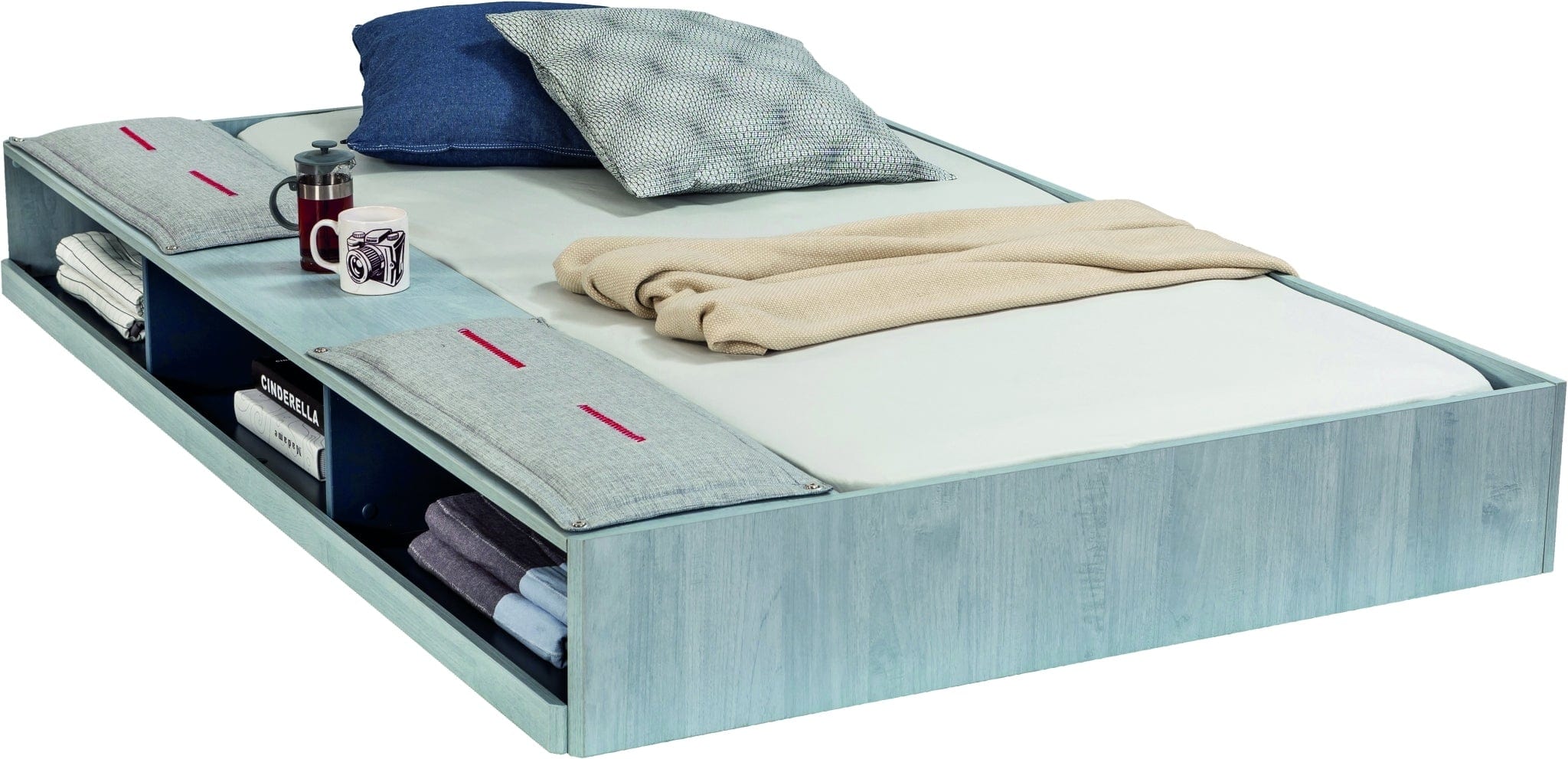 Pat din pal cu sertar si capatai tapitat pentru tineret,  baieti 12-24 ani, Trio Natur / Dark Blue I, 200 x 120 cm (3)