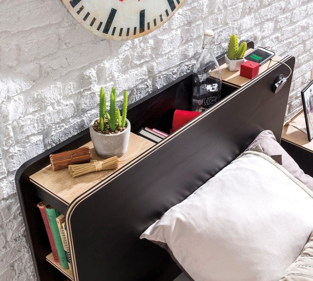 Pat din pal rabatabil cu lada de depozitare, pentru tineret Blacky Black / Nature, 200 x 100 cm (1)