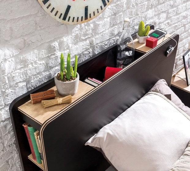 Pat din pal rabatabil cu lada de depozitare, pentru tineret Blacky Black / Nature, 200 x 100 cm (1)