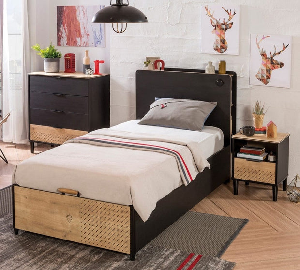 Pat din pal rabatabil cu lada de depozitare, pentru tineret Blacky Black / Nature, 200 x 100 cm (6)