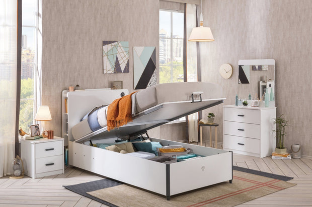 Pat din pal rabatabil cu lada de depozitare pentru tineret White-200 x 100 cm (4)