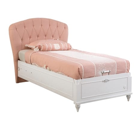 Cilek 200 x 100 cm Pat din pal rabatabil cu lada de depozitare si capatai tapitat cu stofa, pentru copii si tineret, Romantic Roz / Alb, 200 x 100 cm