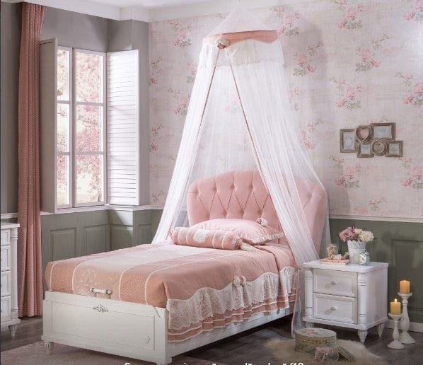 Cilek 200 x 100 cm Pat din pal rabatabil cu lada de depozitare si capatai tapitat cu stofa, pentru copii si tineret, Romantic Roz / Alb, 200 x 100 cm