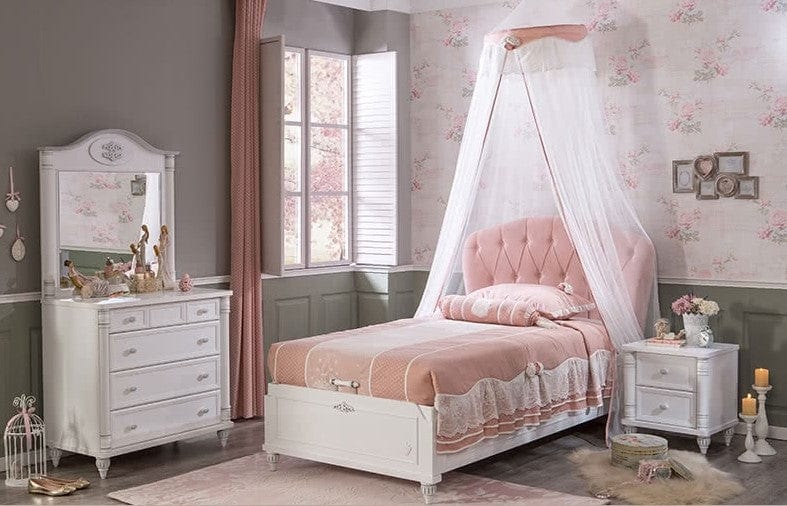 Cilek 200 x 100 cm Pat din pal rabatabil cu lada de depozitare si capatai tapitat cu stofa, pentru copii si tineret, Romantic Roz / Alb, 200 x 100 cm