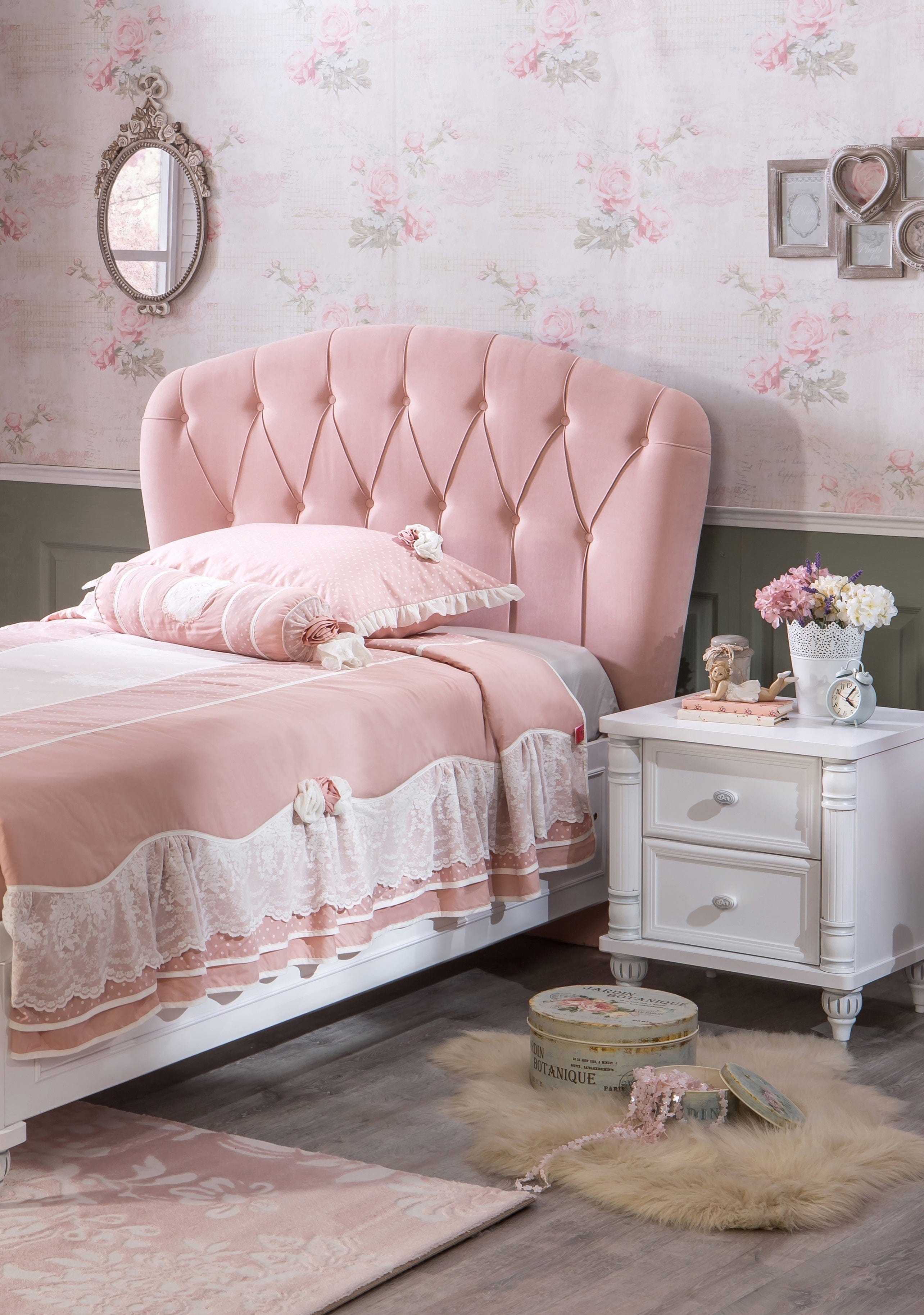 Cilek 200 x 100 cm Pat din pal rabatabil cu lada de depozitare si capatai tapitat cu stofa, pentru copii si tineret, Romantic Roz / Alb, 200 x 100 cm