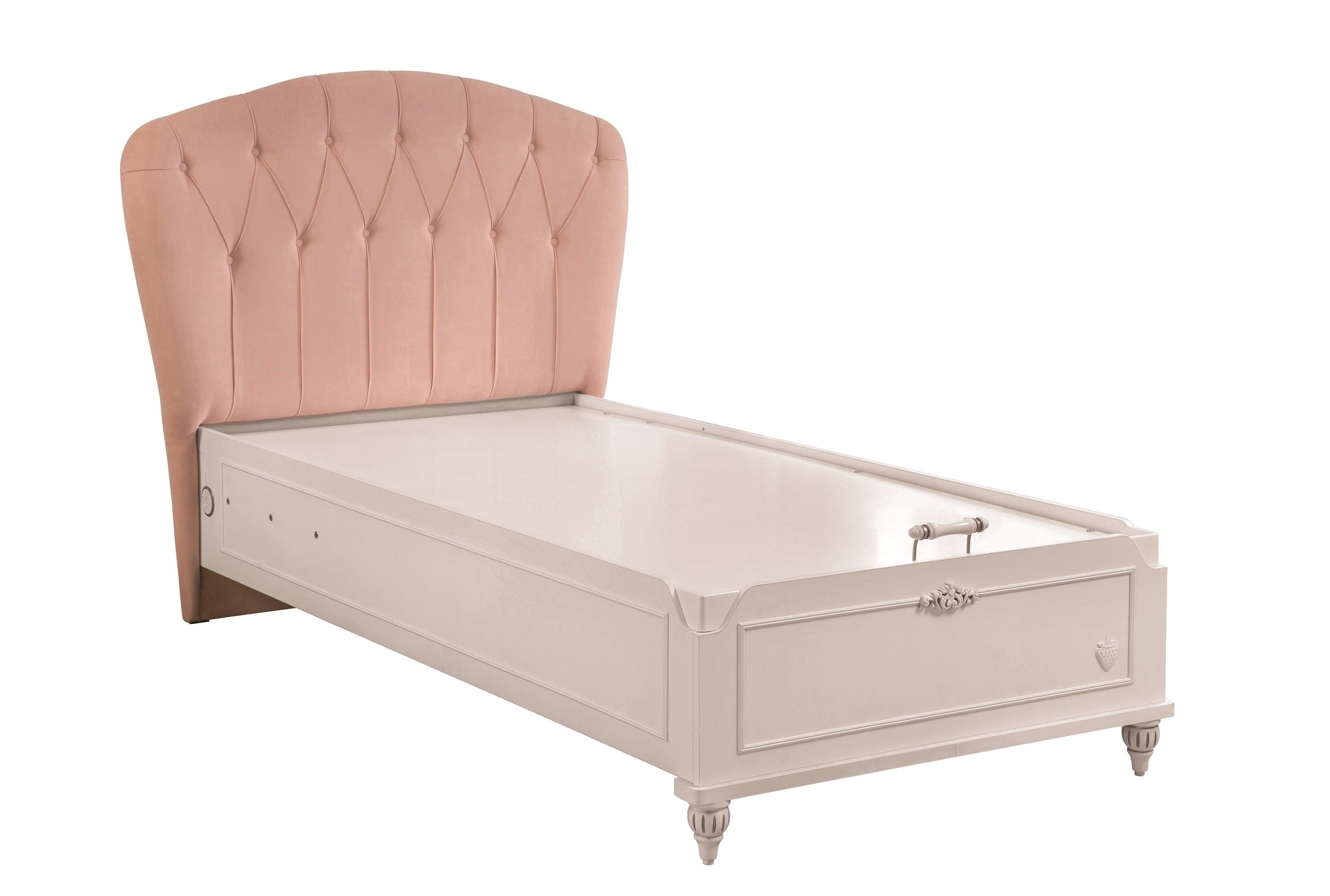 Cilek 200 x 100 cm Pat din pal rabatabil cu lada de depozitare si capatai tapitat cu stofa, pentru copii si tineret, Romantic Roz / Alb, 200 x 100 cm