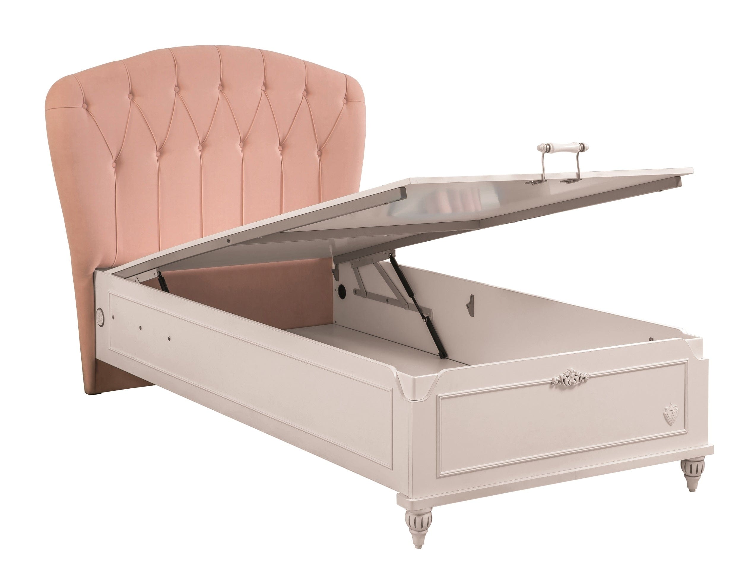 Cilek 200 x 100 cm Pat din pal rabatabil cu lada de depozitare si capatai tapitat cu stofa, pentru copii si tineret, Romantic Roz / Alb, 200 x 100 cm