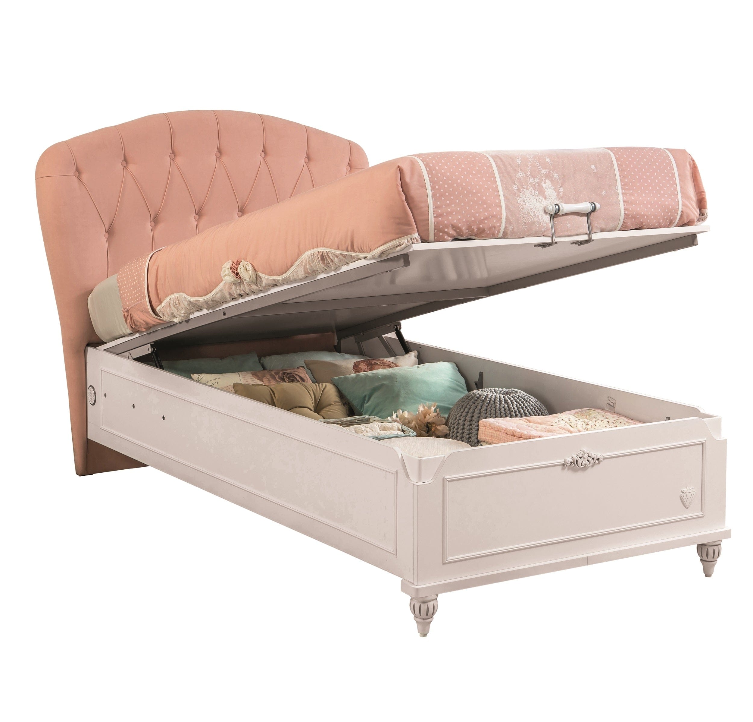 Cilek 200 x 100 cm Pat din pal rabatabil cu lada de depozitare si capatai tapitat cu stofa, pentru copii si tineret, Romantic Roz / Alb, 200 x 100 cm