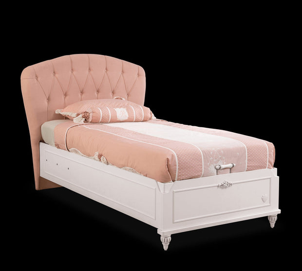 Cilek 200 x 100 cm Pat din pal rabatabil cu lada de depozitare si capatai tapitat cu stofa, pentru copii si tineret, Romantic Roz / Alb, 200 x 100 cm