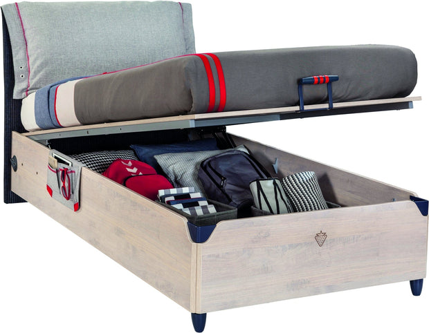 Pat din pal rabatabil cu lada de depozitare si capatai tapitat, pentru tineret, baieti 12-24 ani, Trio Natur / Dark Blue, 200 x 100 cm (1)