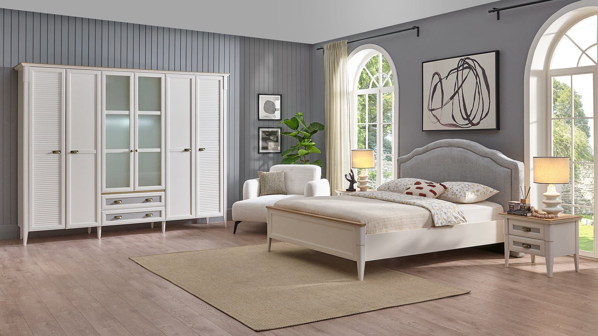 Dogtas Pat din pal si capatai tapitat cu stofa, Toscana Moonstone Gri / Ivoir, 200 x 180 cm