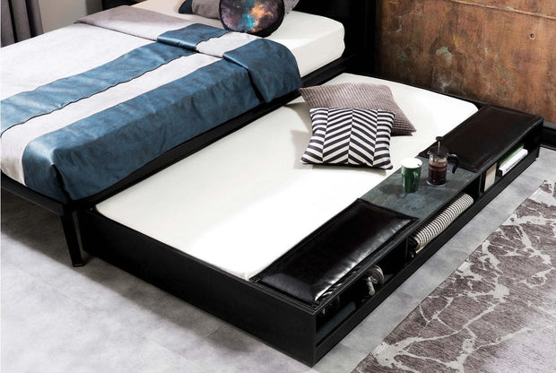 Pat din pal si metal cu sertar si capatai tapitat, pentru tineret Dark Metal Black / Graphite, 200 x 120 cm (1)