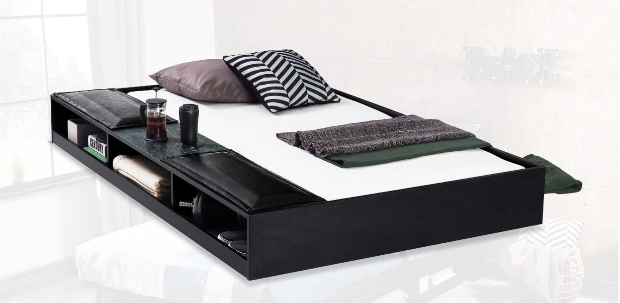Pat din pal si metal cu sertar si capatai tapitat, pentru tineret Dark Metal Black / Graphite, 200 x 120 cm (2)
