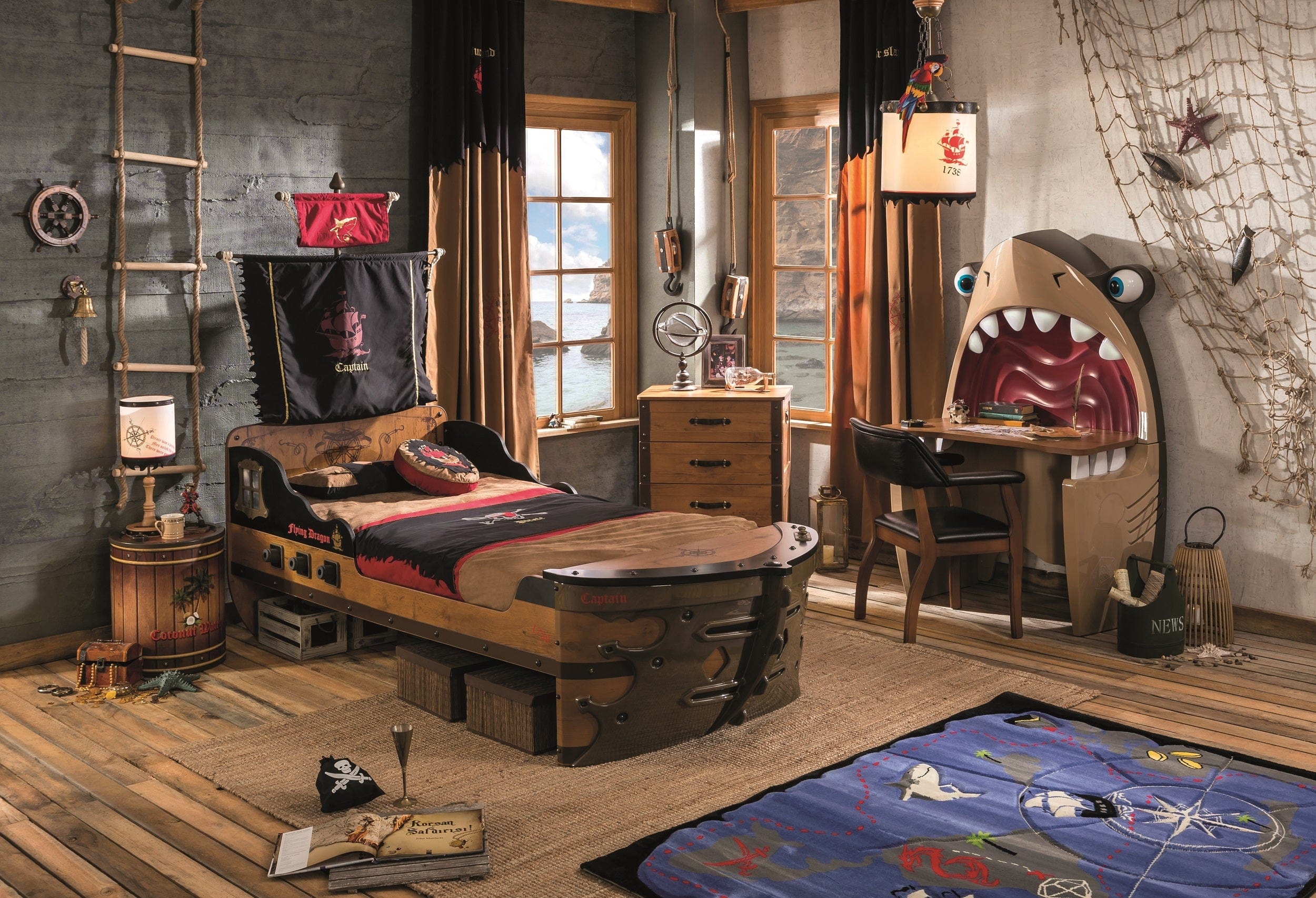 Pat din pal si metal, pentru copii, Pirate Ship Maro, 190 x 90 cm (2)