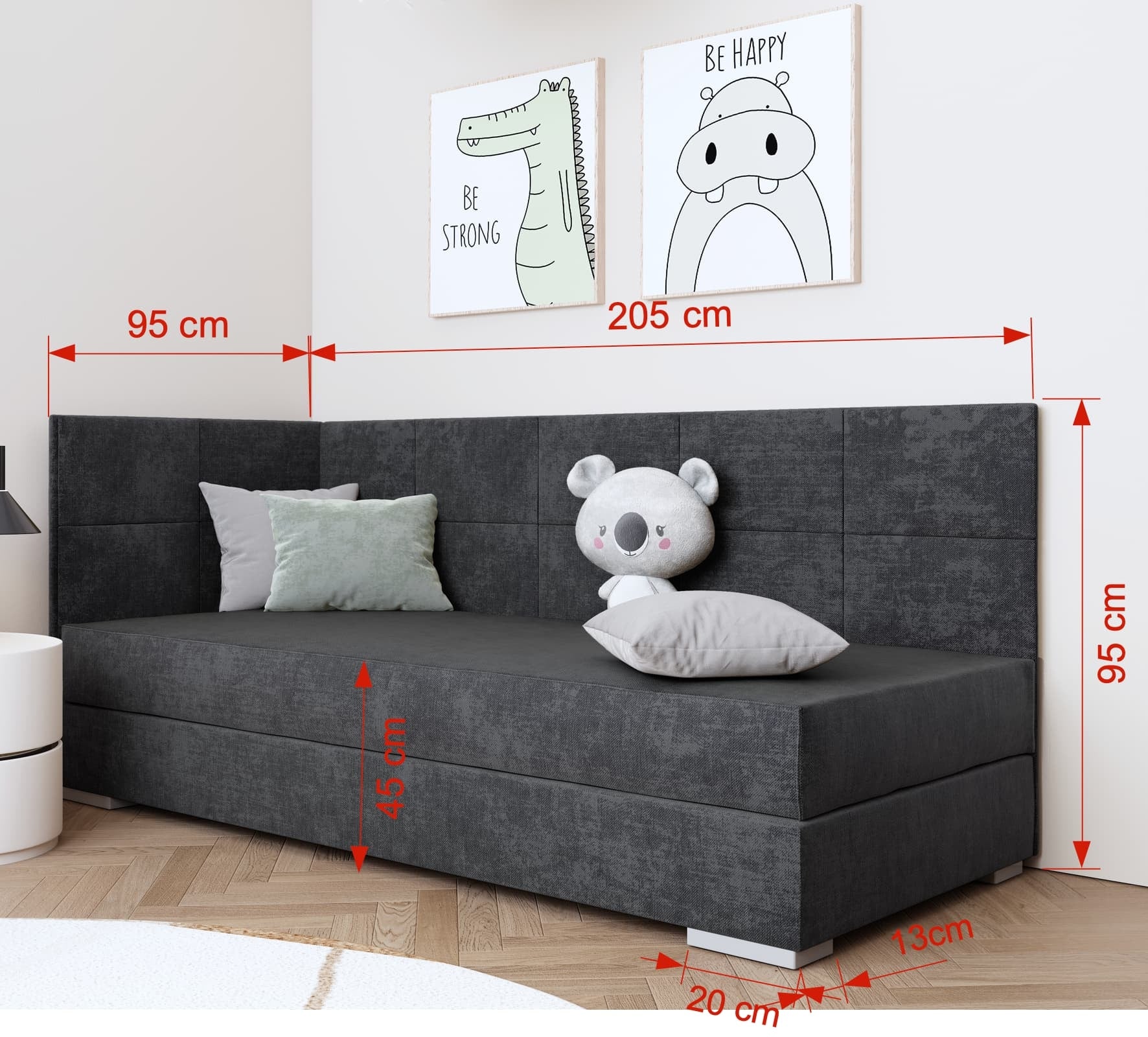 Pat / Divan rabatabil cu lada de depozitare, tapitat cu stofa, pentru copii Tomar III, 200 x 90 cm (2)