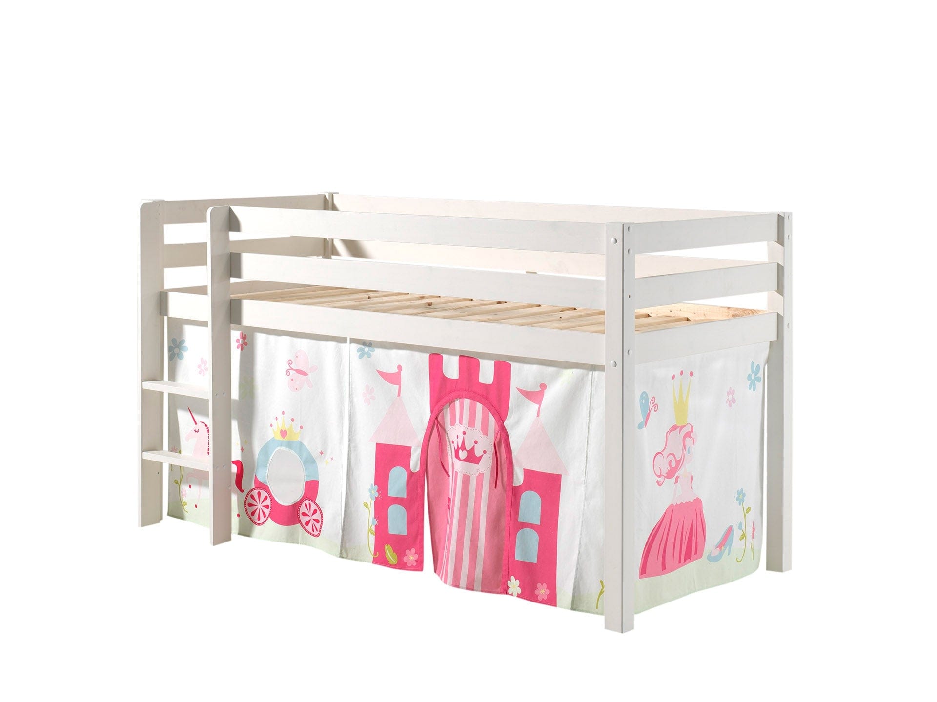 Vipack 200 x 90 cm Pat etajat din lemn de pin, cu spatiu de joaca pentru copii Pino Princess Alb, 200 x 90 cm