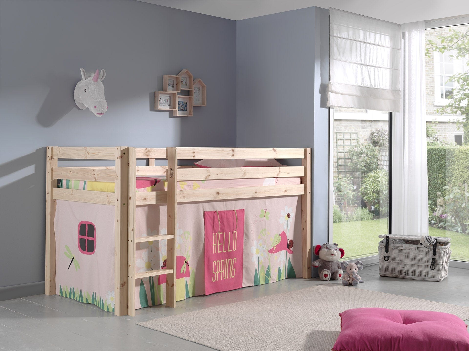 Vipack 200 x 90 cm Pat etajat din lemn de pin, cu spatiu de joaca pentru copii Pino Spring Natural, 200 x 90 cm