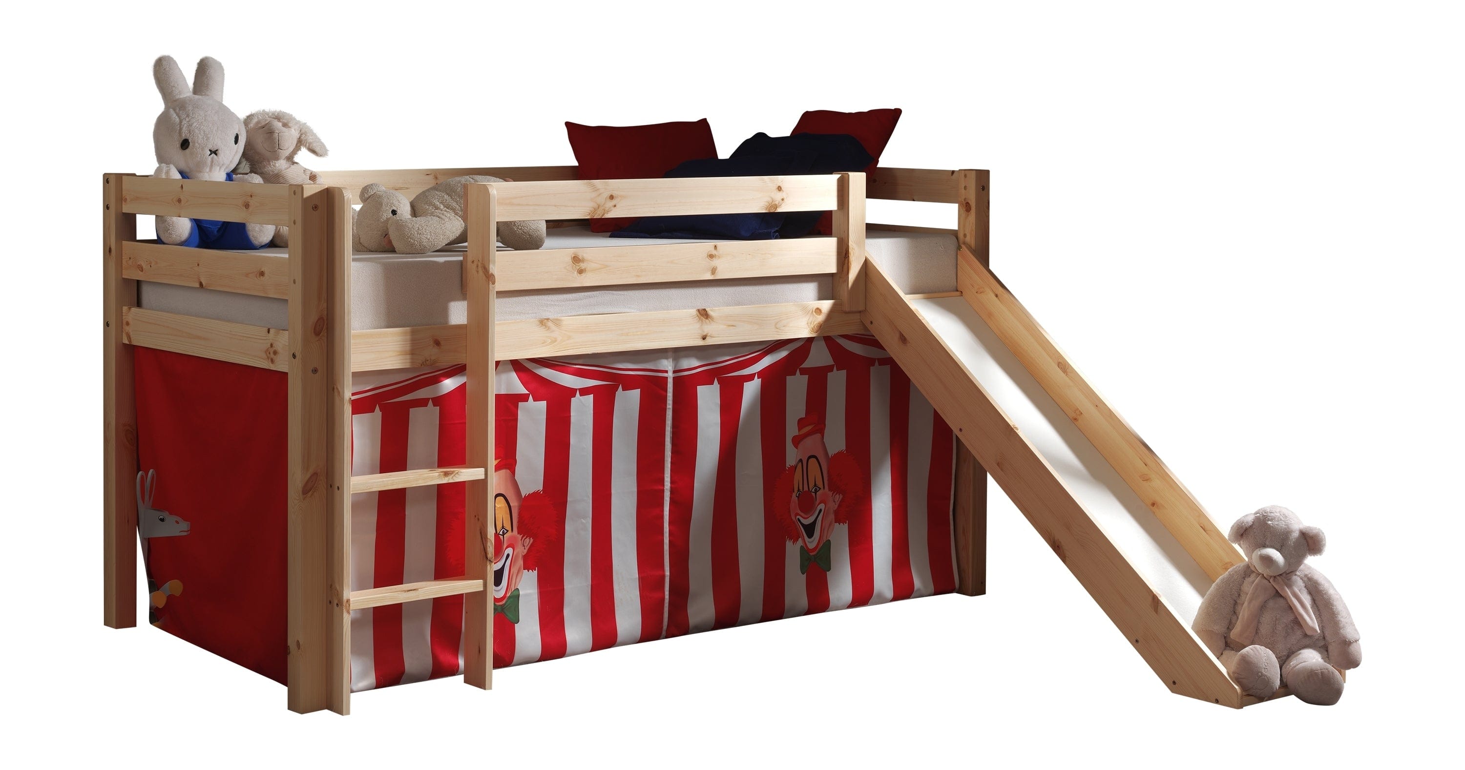 Vipack 200 x 90 cm Pat etajat din lemn de pin, cu tobogan pentru copii Pino Chucky Natural, 200 x 90 cm