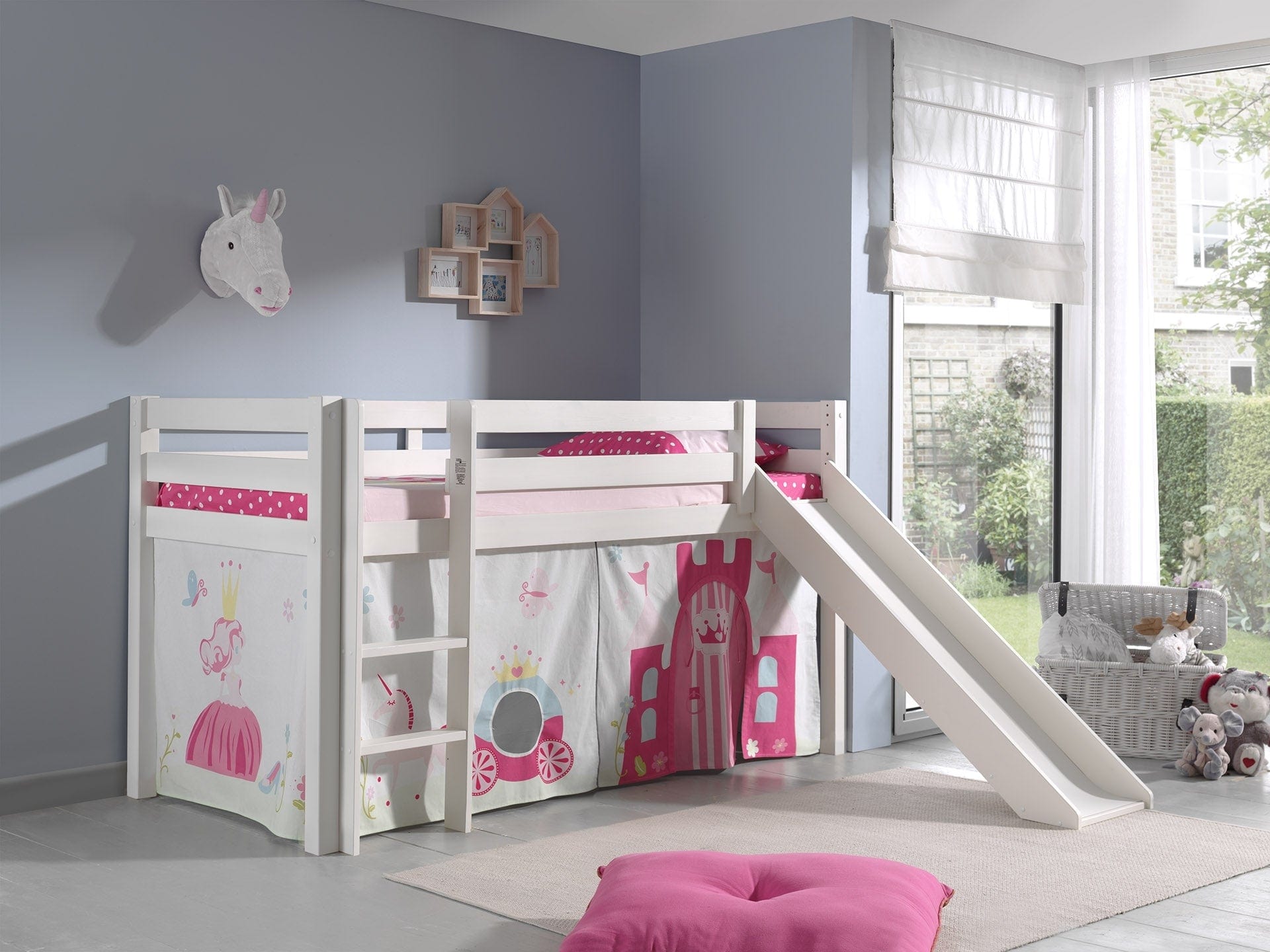 Vipack 200 x 90 cm Pat etajat din lemn de pin, cu tobogan pentru copii Pino Princess Alb, 200 x 90 cm