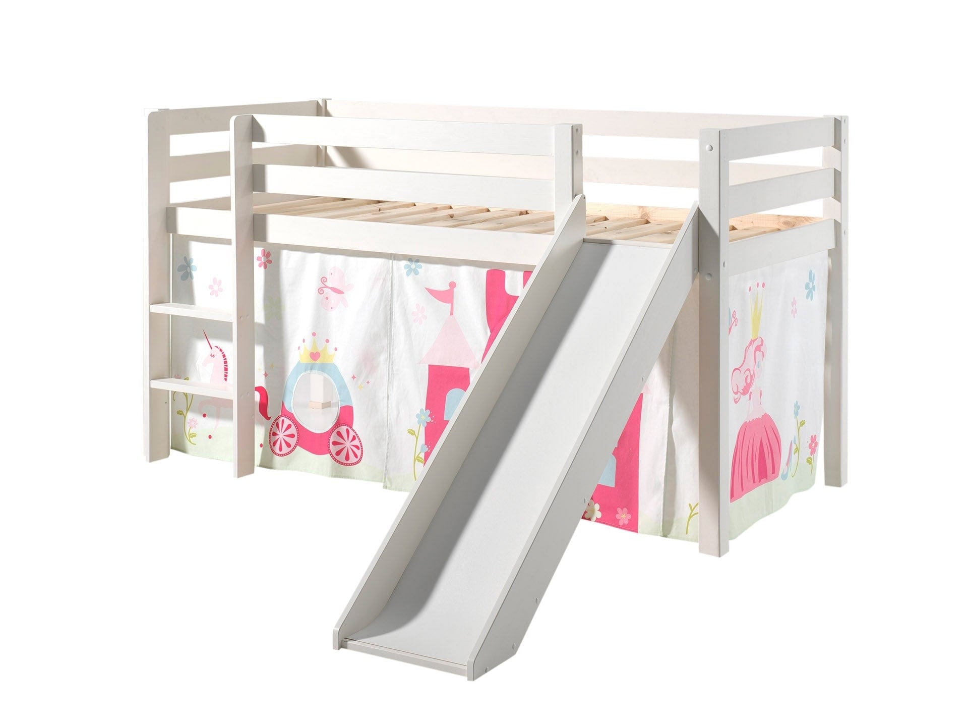 Vipack 200 x 90 cm Pat etajat din lemn de pin, cu tobogan pentru copii Pino Princess Alb, 200 x 90 cm