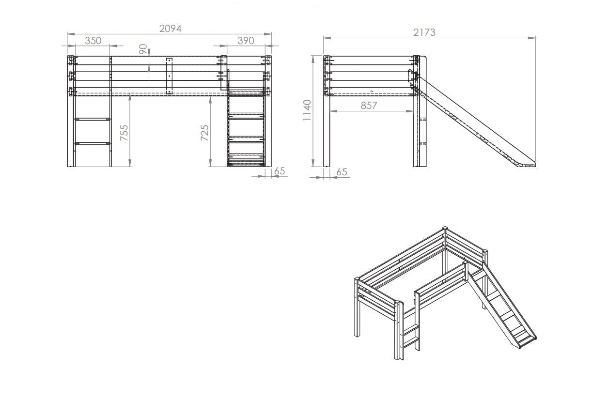 Vipack 200 x 90 cm Pat etajat din lemn de pin, cu tobogan pentru copii Pino Princess Alb, 200 x 90 cm