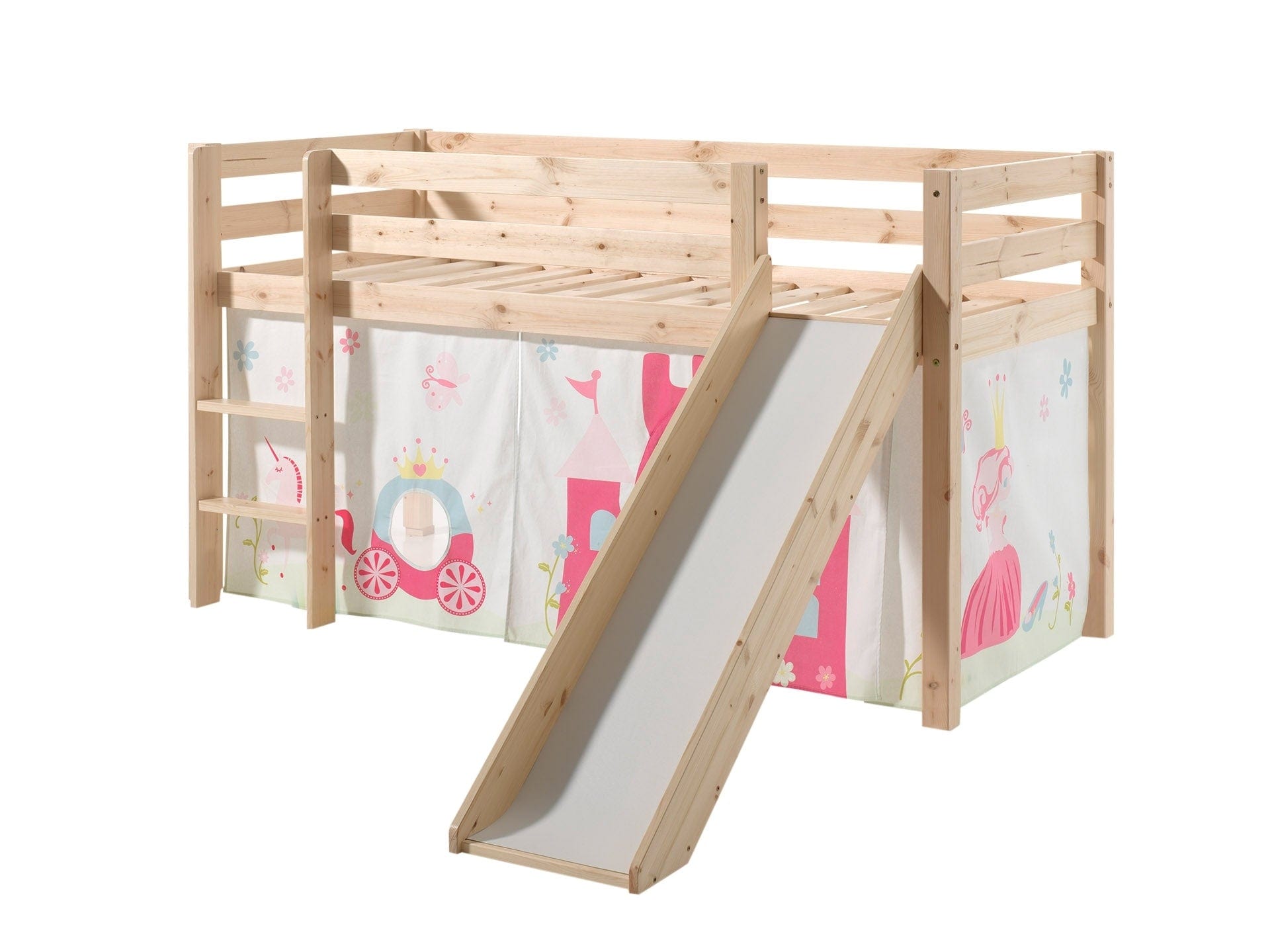 Vipack 200 x 90 cm Pat etajat din lemn de pin, cu tobogan pentru copii Pino Princess Natural, 200 x 90 cm