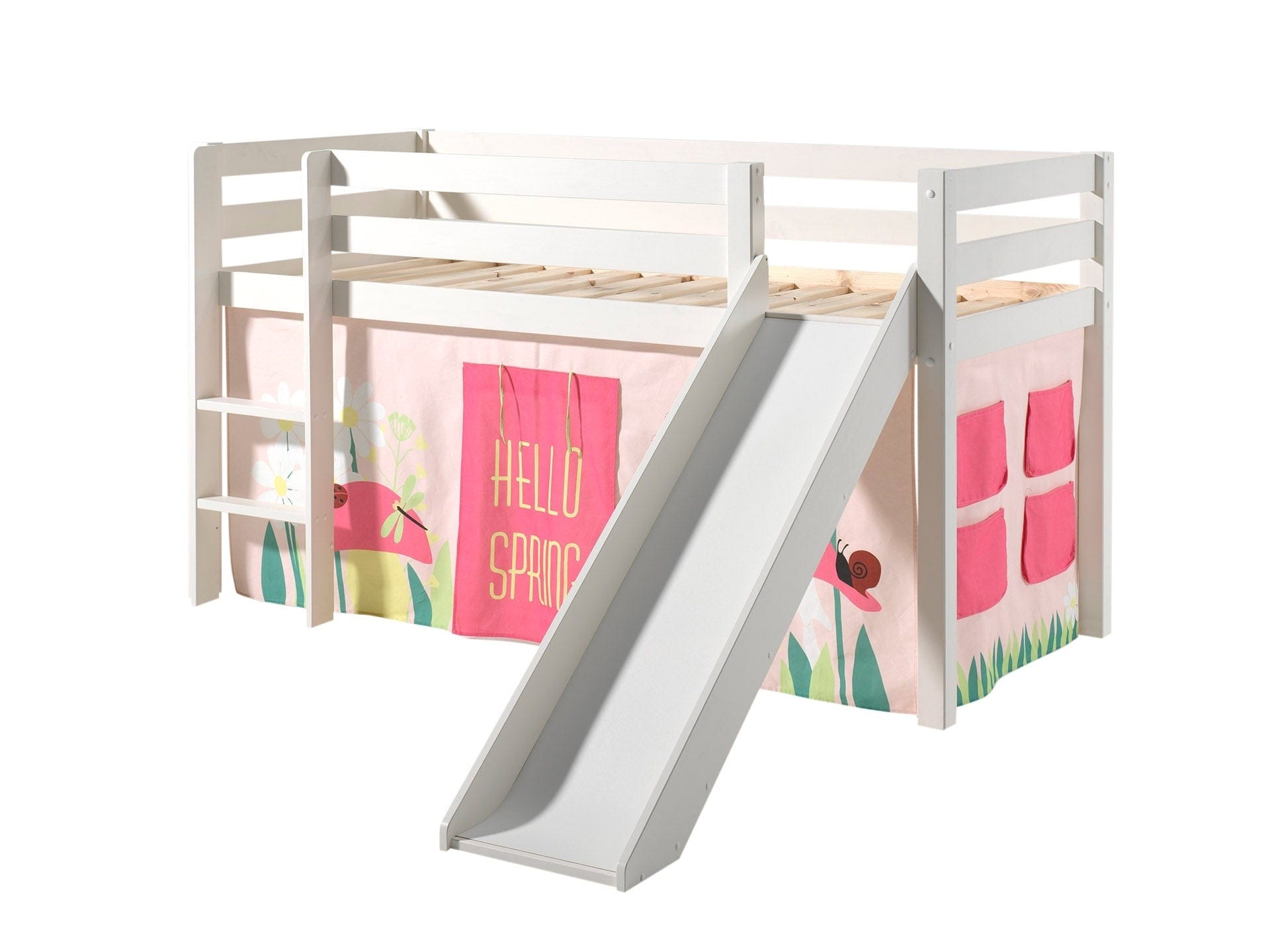 Vipack 200 x 90 cm Pat etajat din lemn de pin, cu tobogan pentru copii Pino Spring Alb, 200 x 90 cm