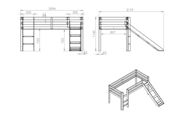 Vipack 200 x 90 cm Pat etajat din lemn de pin, cu tobogan pentru copii Pino Spring Alb, 200 x 90 cm