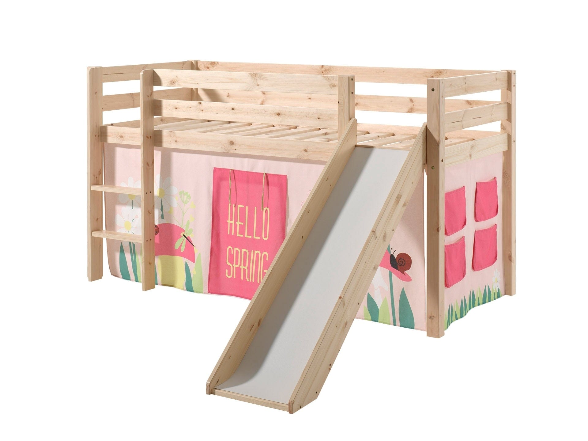 Vipack 200 x 90 cm Pat etajat din lemn de pin, cu tobogan pentru copii Pino Spring Natural, 200 x 90 cm