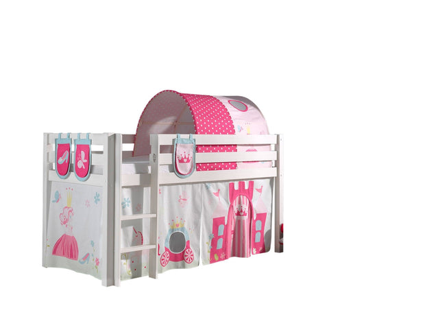Vipack 200 x 90 cm Pat etajat din lemn de pin, cu tunel si spatiu de joaca pentru copii Pino Plus Princess Alb, 200 x 90 cm