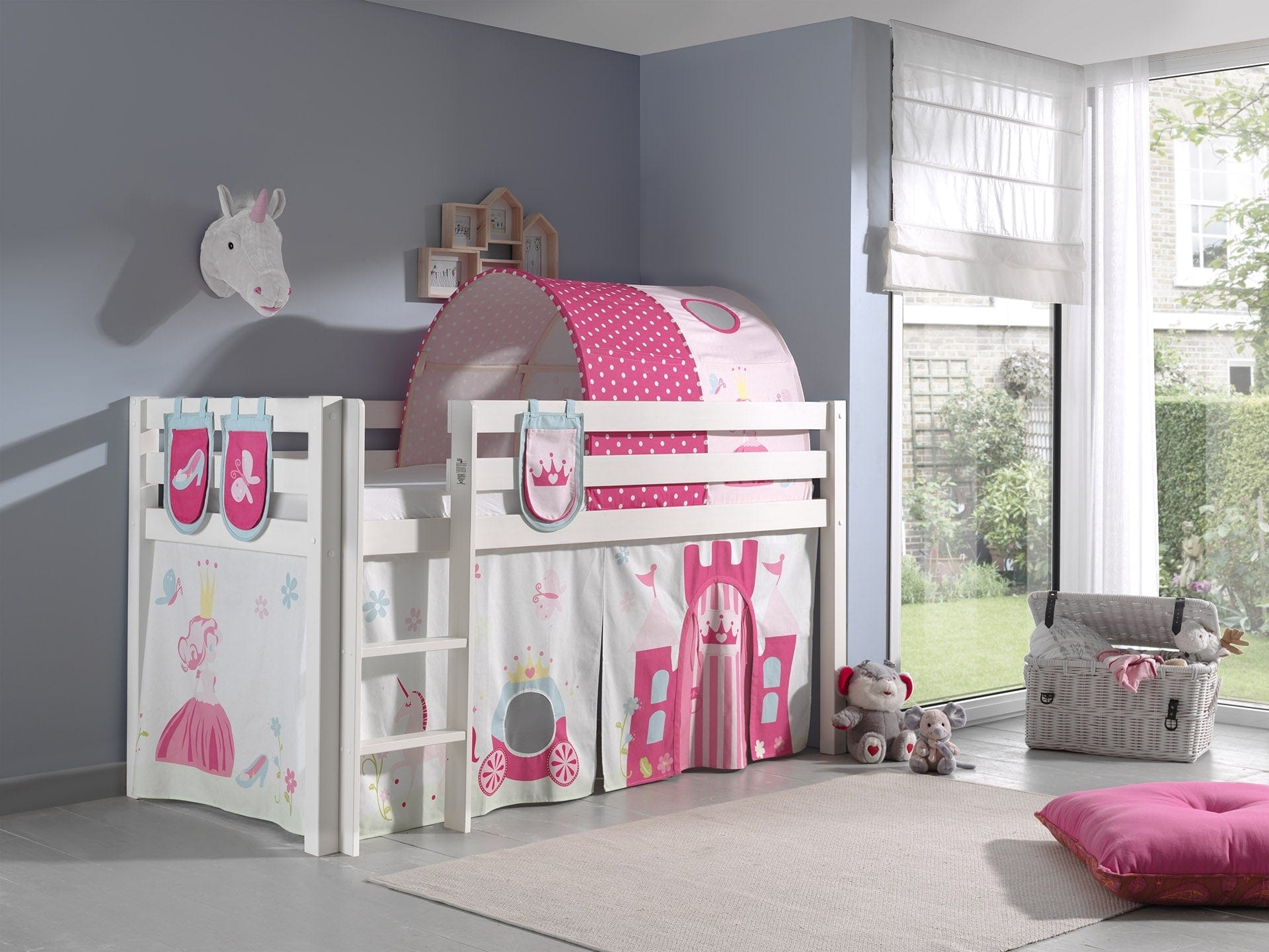 Vipack 200 x 90 cm Pat etajat din lemn de pin, cu tunel si spatiu de joaca pentru copii Pino Plus Princess Alb, 200 x 90 cm