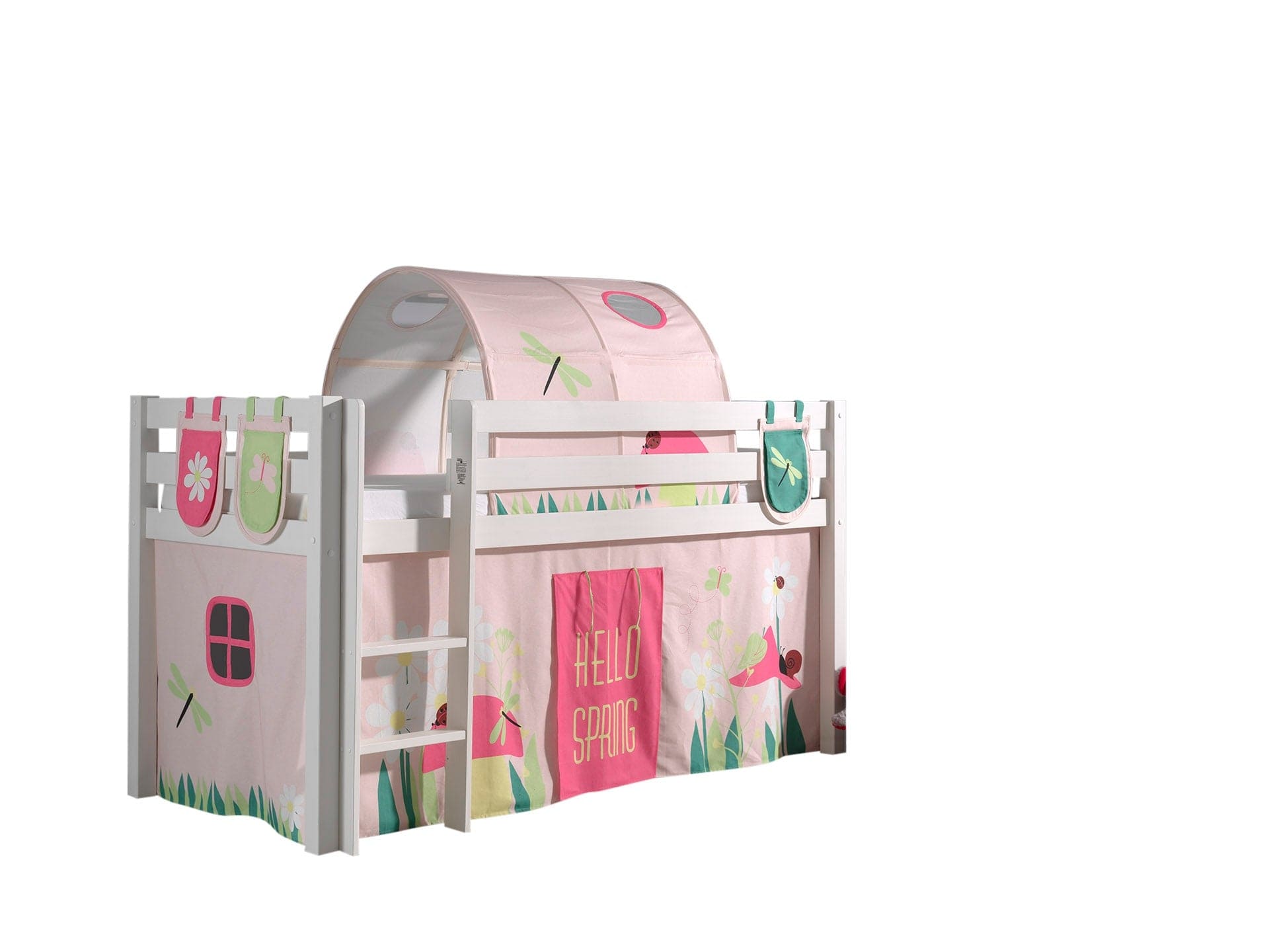 Vipack 200 x 90 cm Pat etajat din lemn de pin, cu tunel si spatiu de joaca pentru copii Pino Plus Spring Alb, 200 x 90 cm