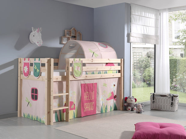 Vipack 200 x 90 cm Pat etajat din lemn de pin, cu tunel si spatiu de joaca pentru copii Pino Plus Spring Natural, 200 x 90 cm