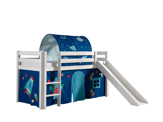 Pat etajat din lemn de pin, cu tunel si tobogan pentru copii Pino Astro Alb, 200 x 90 cm (1)