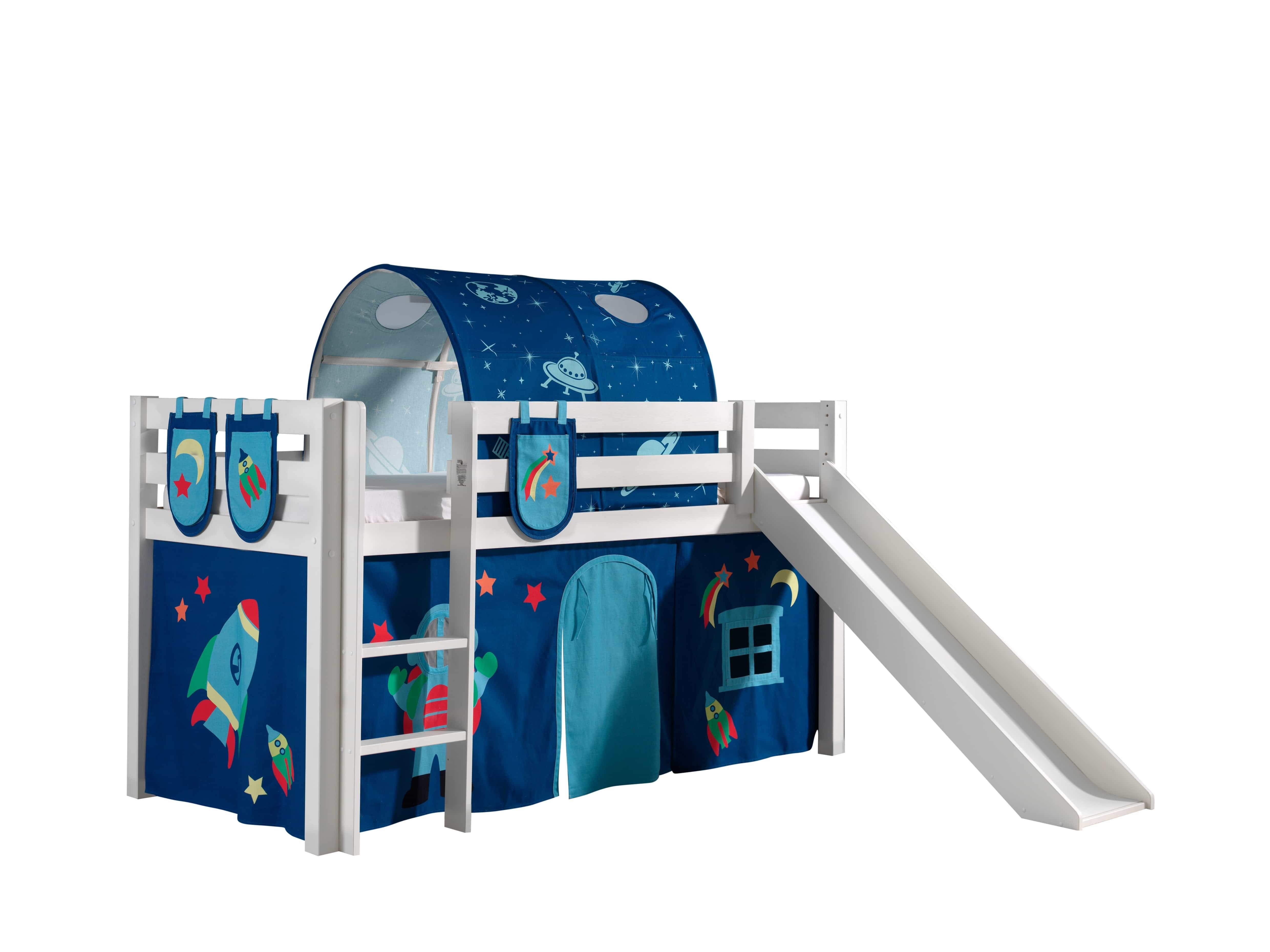 Vipack 200 x 90 cm Pat etajat din lemn de pin, cu tunel si tobogan pentru copii Pino Plus Astro Alb, 200 x 90 cm