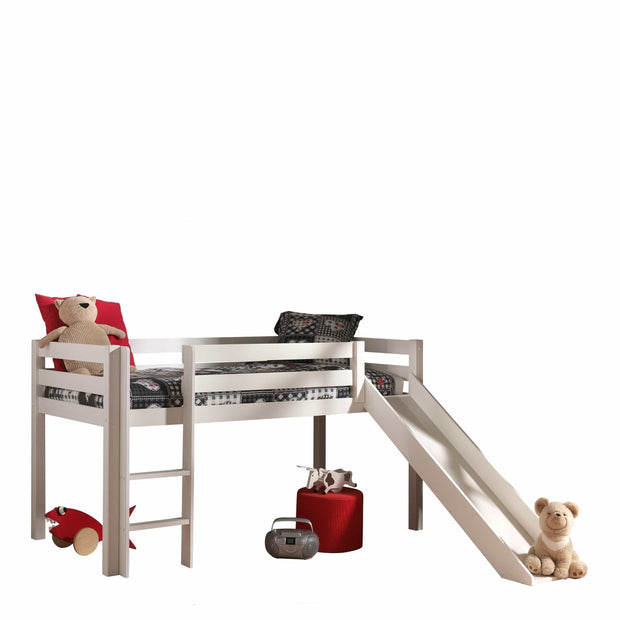 Vipack 200 x 90 cm Pat etajat din lemn de pin, cu tunel si tobogan pentru copii Pino Plus Princess Alb, 200 x 90 cm