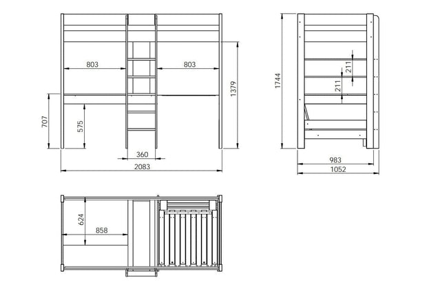 Vipack 200 x 90 cm Pat etajat din lemn de pin si MDF cu birou incorporat, pentru copii Pino Mezzanine Alb, 200 x 90 cm