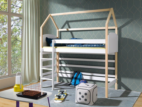 Meblobed Pat etajat din lemn de pin si pal, cu spatiu de joaca pentru copii Olimpia, 200 x 90 cm