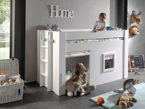 Vipack 200 x 90 cm Pat etajat din MDF pentru copii cu spatiu de joaca si perdelute decorative Noah Alb, 200 x 90 cm